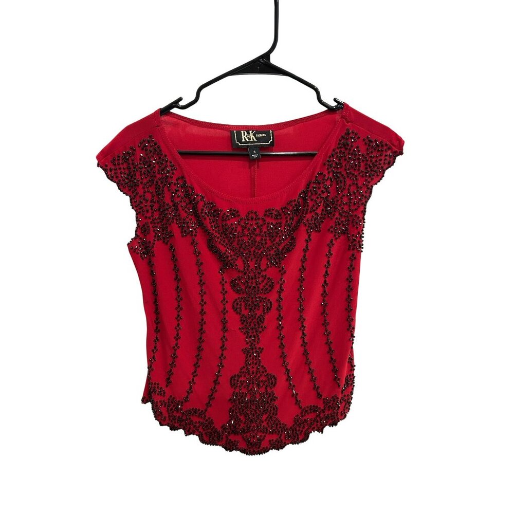 R and K Evening Red Cap Sleeve Top with Black Beaded Detailing SZ Small